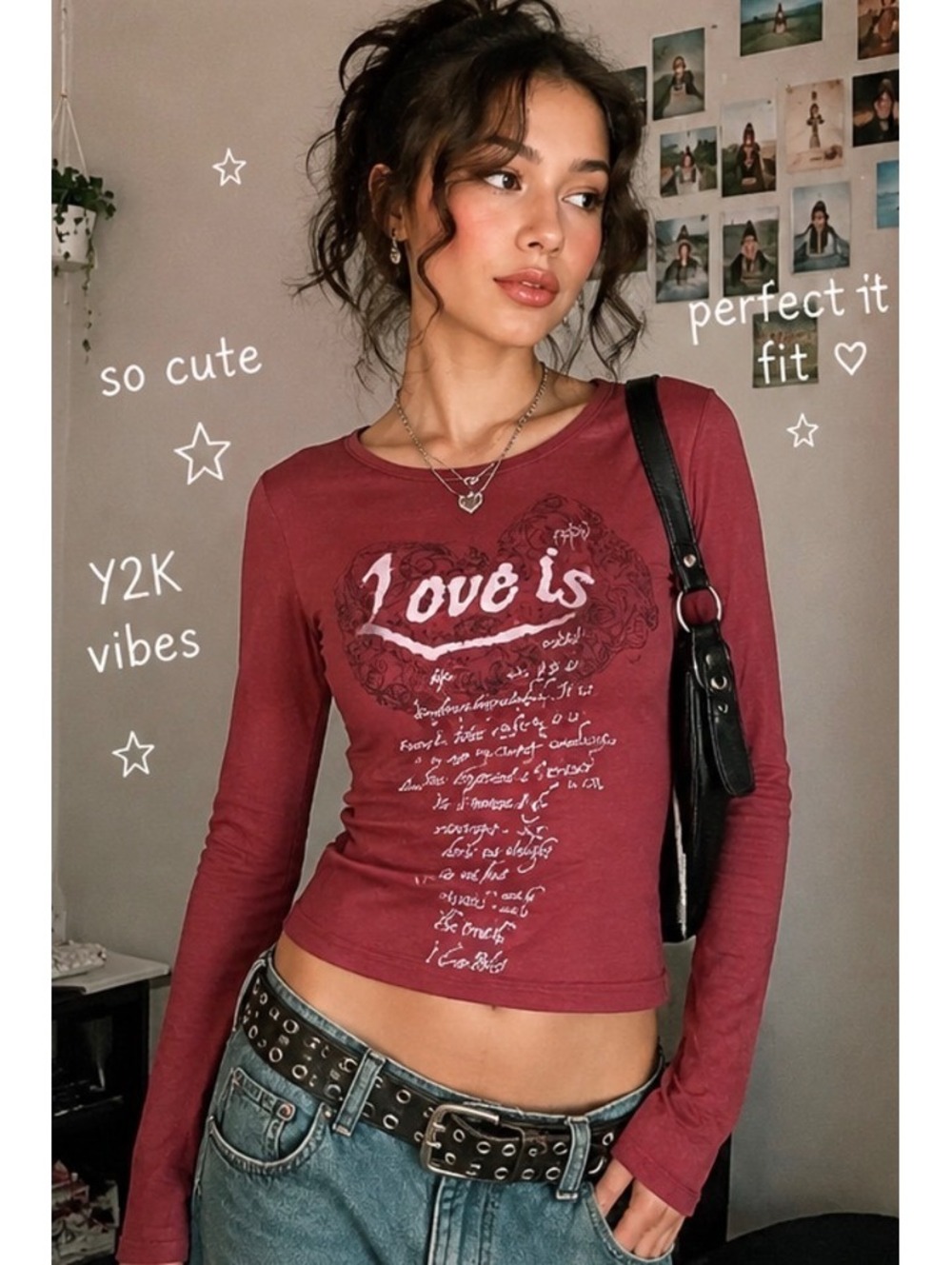 Y2K Love Is… Christian Graphic Long Sleeve Top – Burgundy – Small